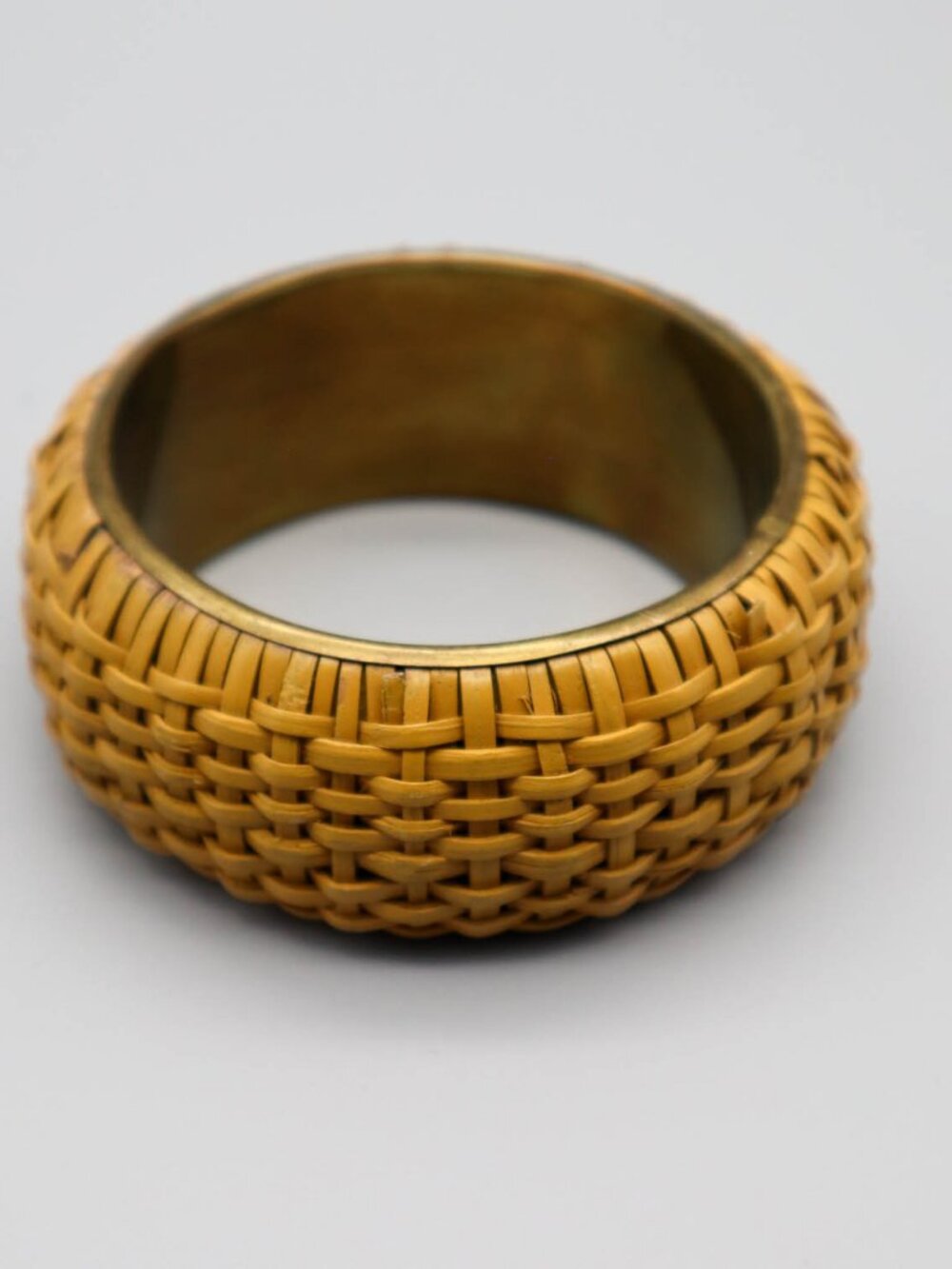 Vintage Wicker Rattan & Brass Wide Bangle Bracelet Boho Coastal 70s-style